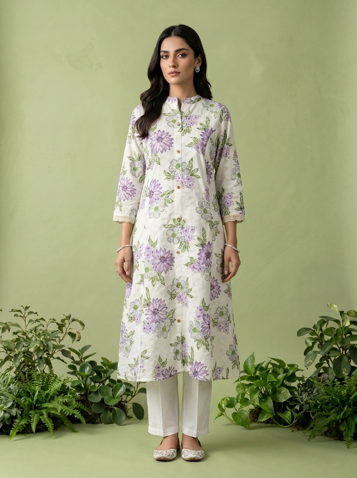 Lavender Cotton Heavy Floral Printed Two Piece Set