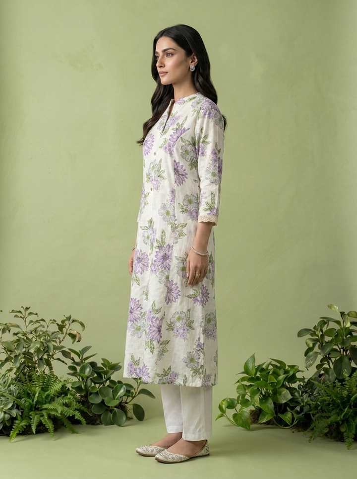 Lavender Cotton Heavy Floral Printed Two Piece Set