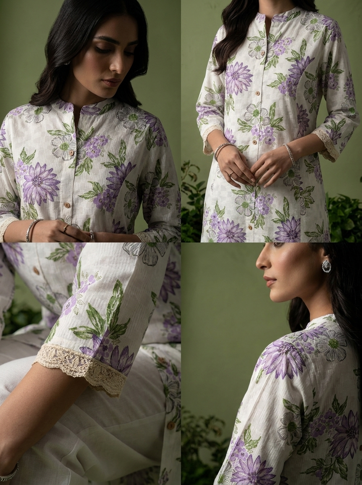 Lavender Cotton Heavy Floral Printed Two Piece Set