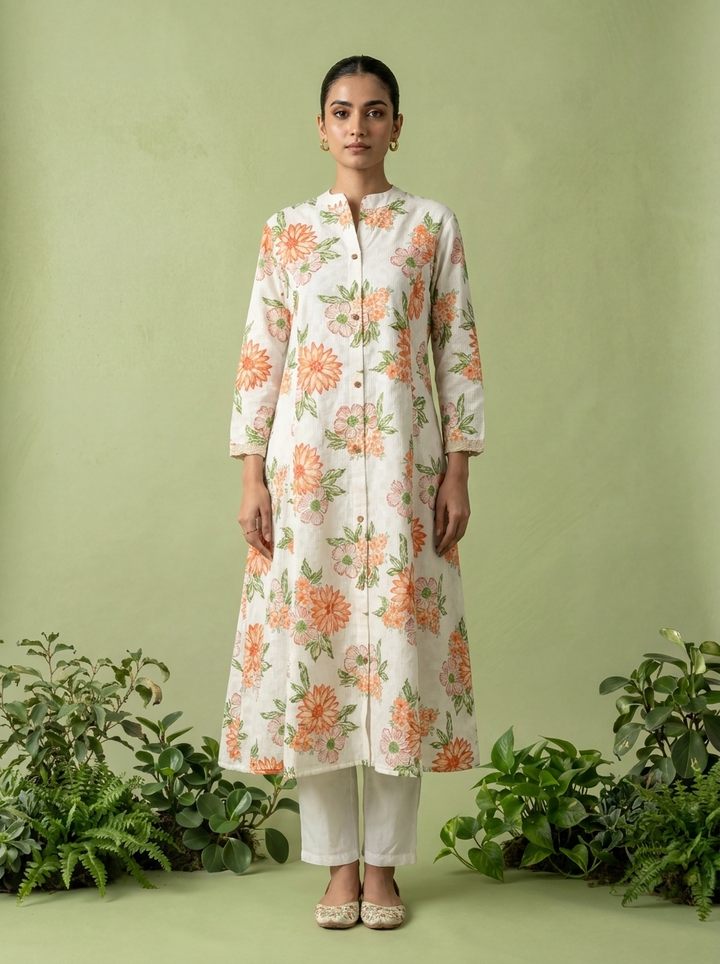 Coral Cotton Heavy Floral Printed Two Piece Set