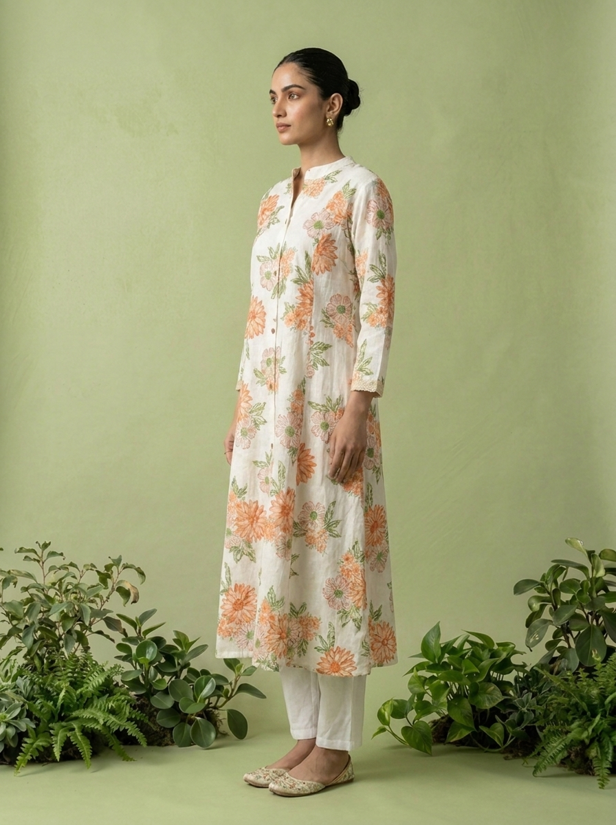 Coral Cotton Heavy Floral Printed Two Piece Set