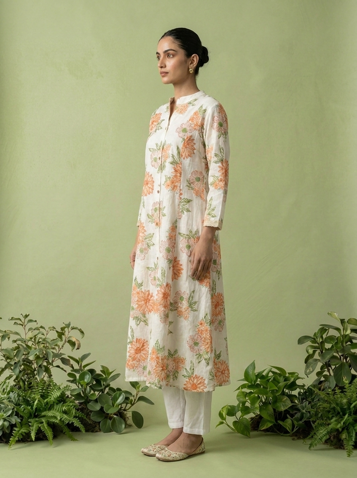 Coral Cotton Heavy Floral Printed Two Piece Set