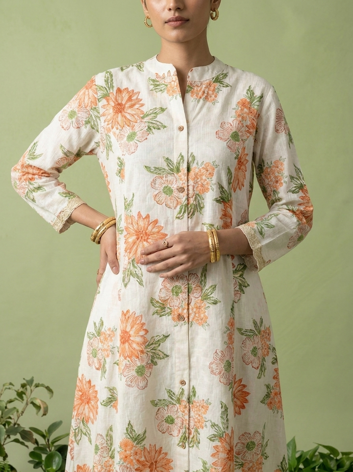 Coral Cotton Heavy Floral Printed Two Piece Set