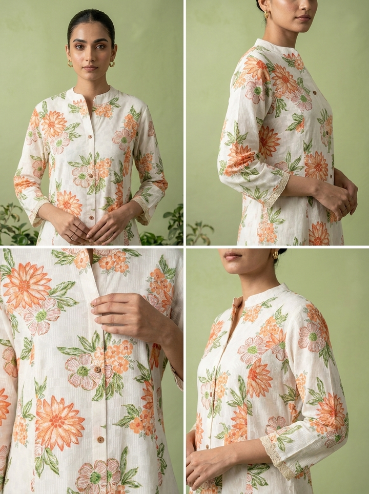Coral Cotton Heavy Floral Printed Two Piece Set