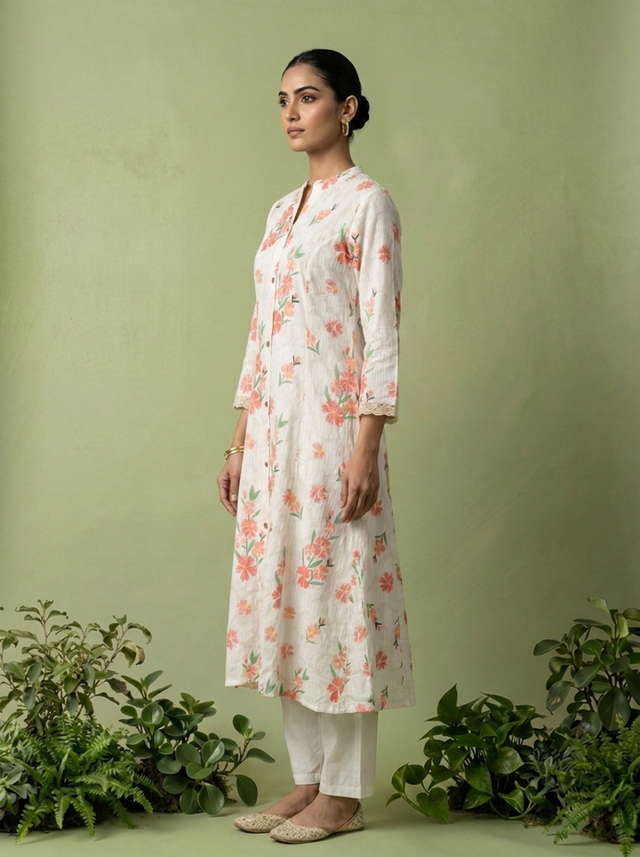 White Cotton Printed Two Piece Set