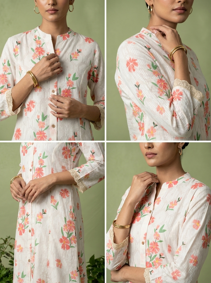 White Cotton Printed Two Piece Set