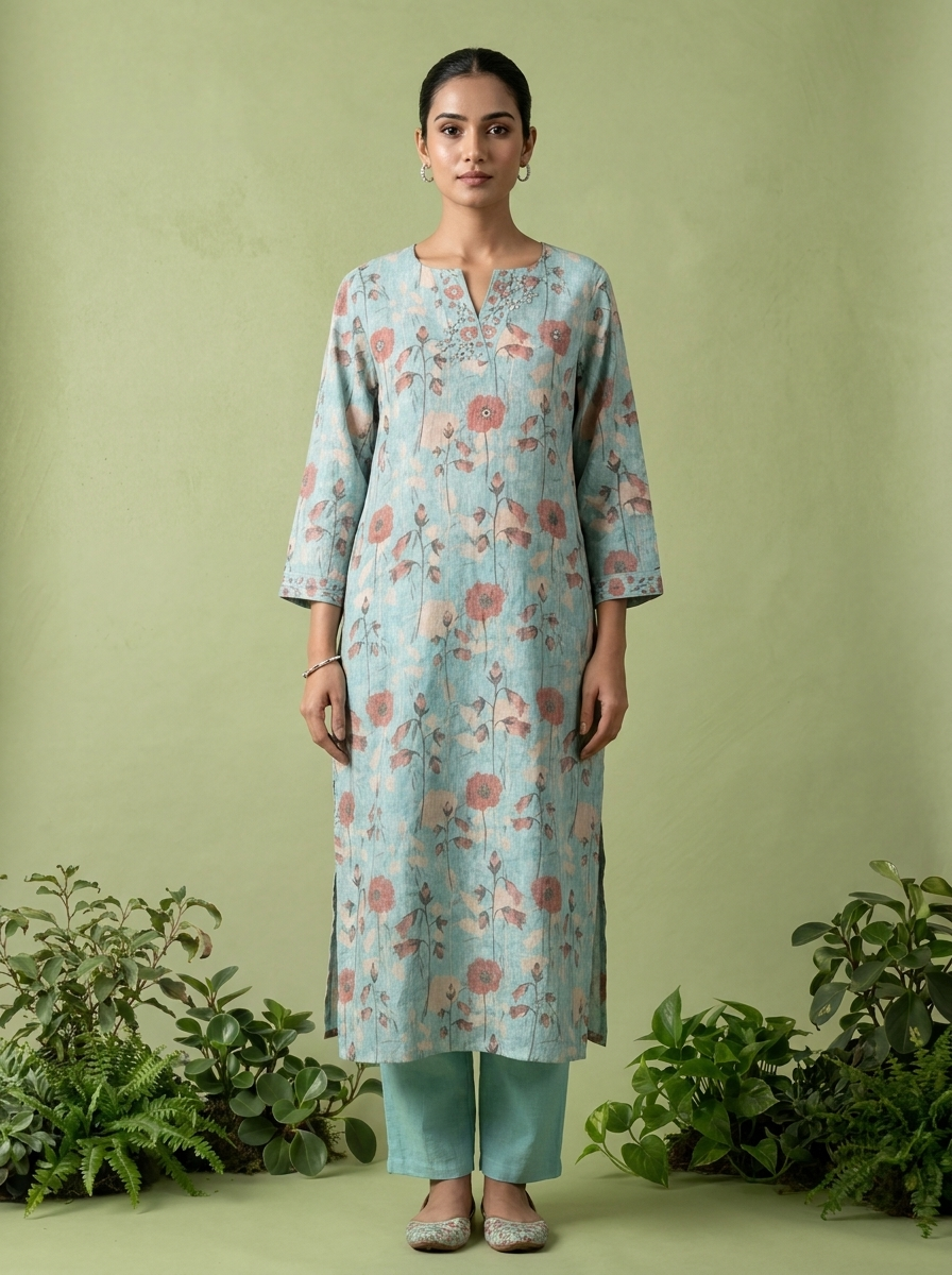 Sea Green Linen Mirror And Patch Embroidered Two Piece Set