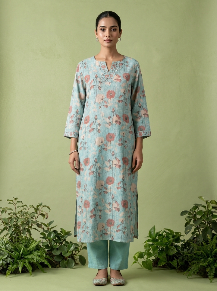 Sea Green Linen Mirror And Patch Embroidered Two Piece Set