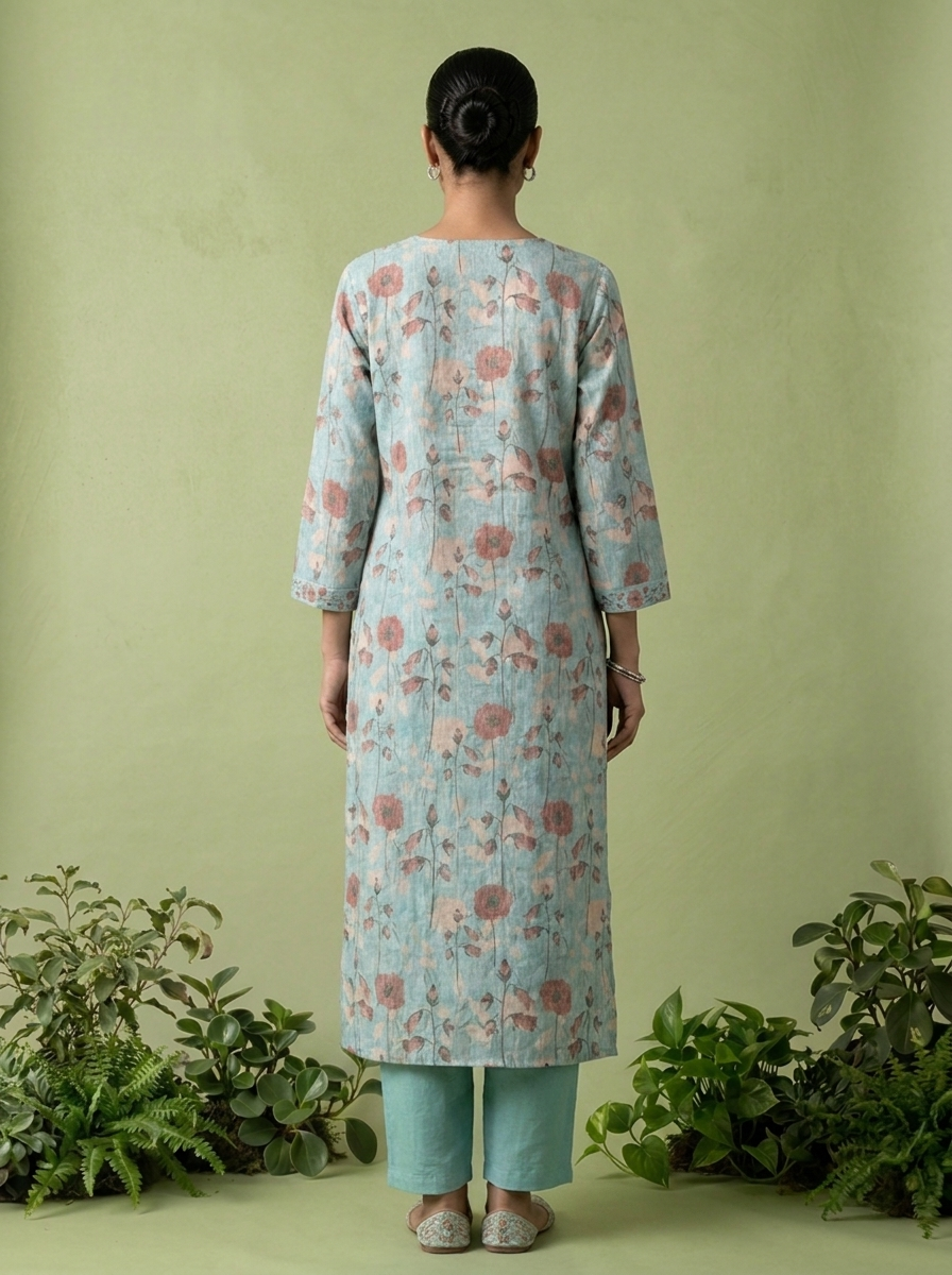 Sea Green Linen Mirror And Patch Embroidered Two Piece Set