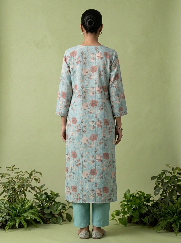 Sea Green Linen Mirror And Patch Embroidered Two Piece Set
