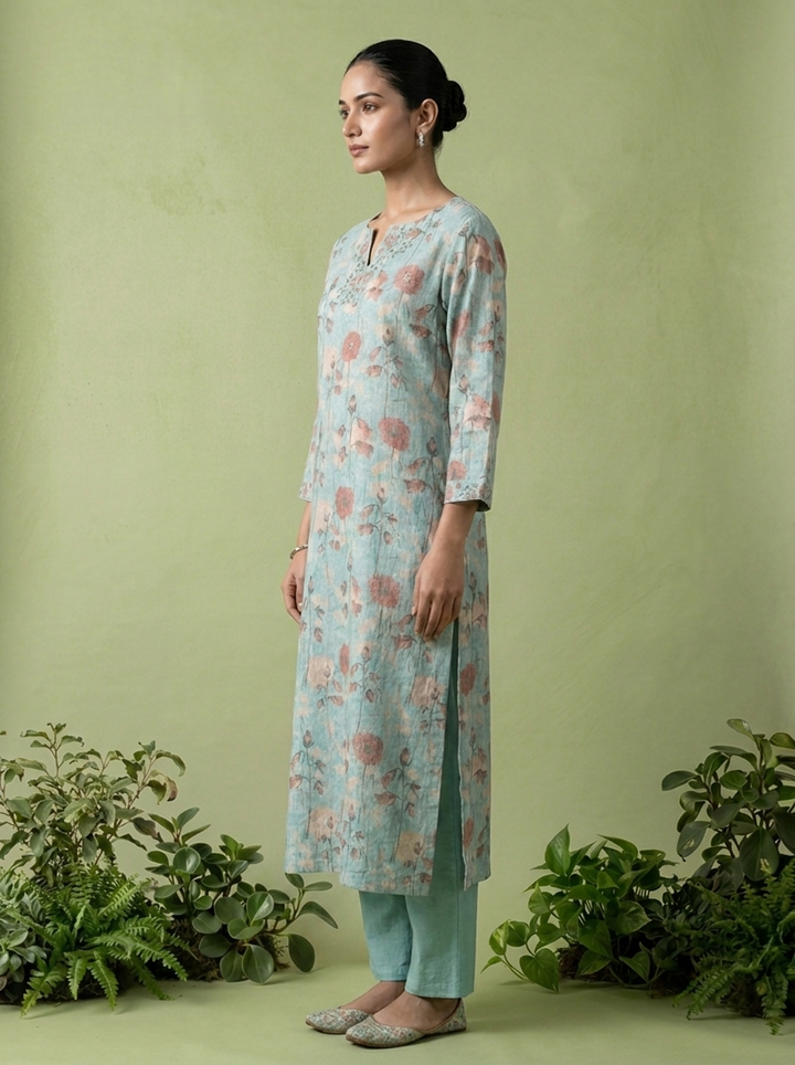 Sea Green Linen Mirror And Patch Embroidered Two Piece Set
