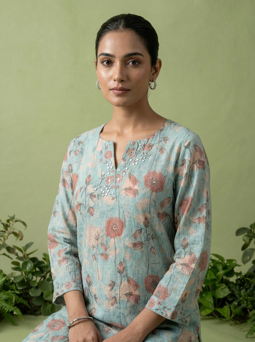Sea Green Linen Mirror And Patch Embroidered Two Piece Set
