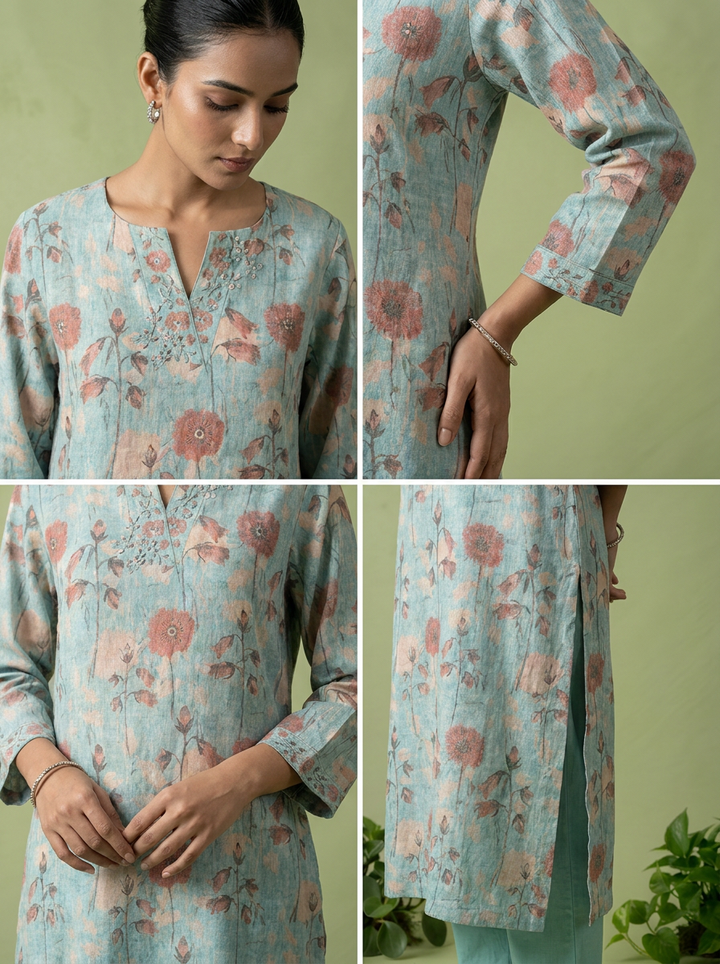 Sea Green Linen Mirror And Patch Embroidered Two Piece Set