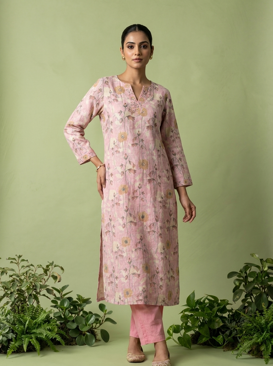 Baby Pink Linen Mirror And Patch Embroidered Two Piece Set