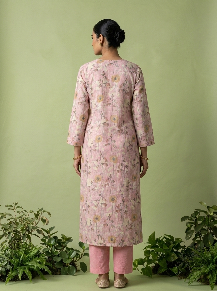 Baby Pink Linen Mirror And Patch Embroidered Two Piece Set