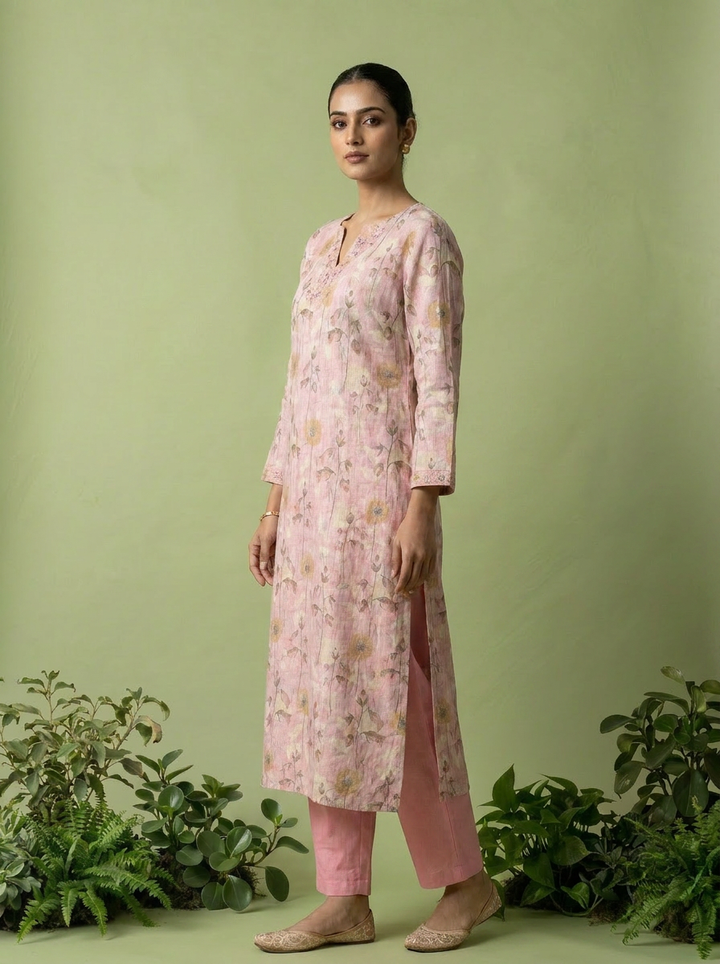 Baby Pink Linen Mirror And Patch Embroidered Two Piece Set