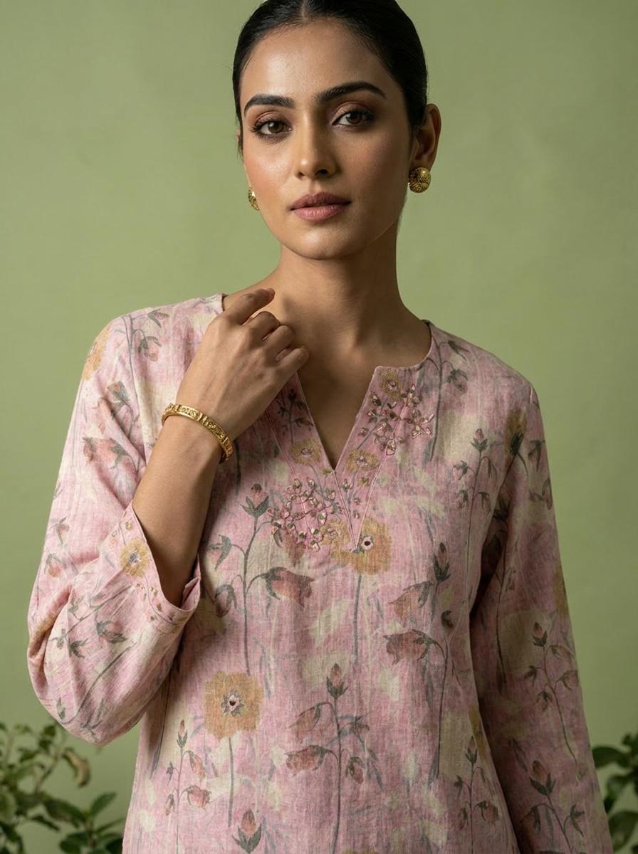 Baby Pink Linen Mirror And Patch Embroidered Two Piece Set
