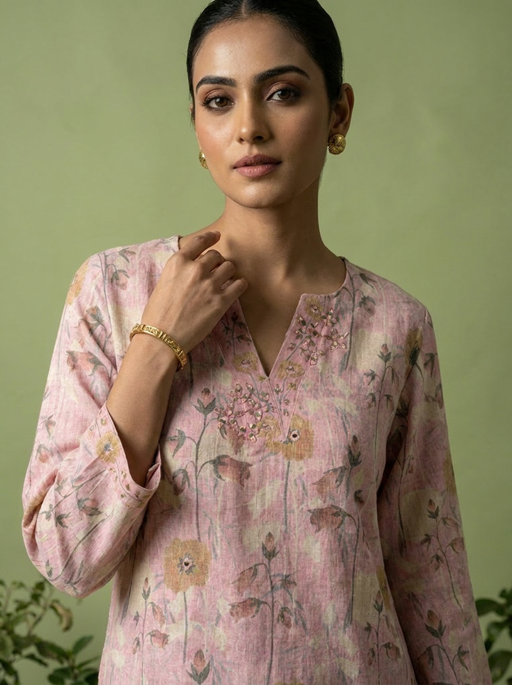 Baby Pink Linen Mirror And Patch Embroidered Two Piece Set