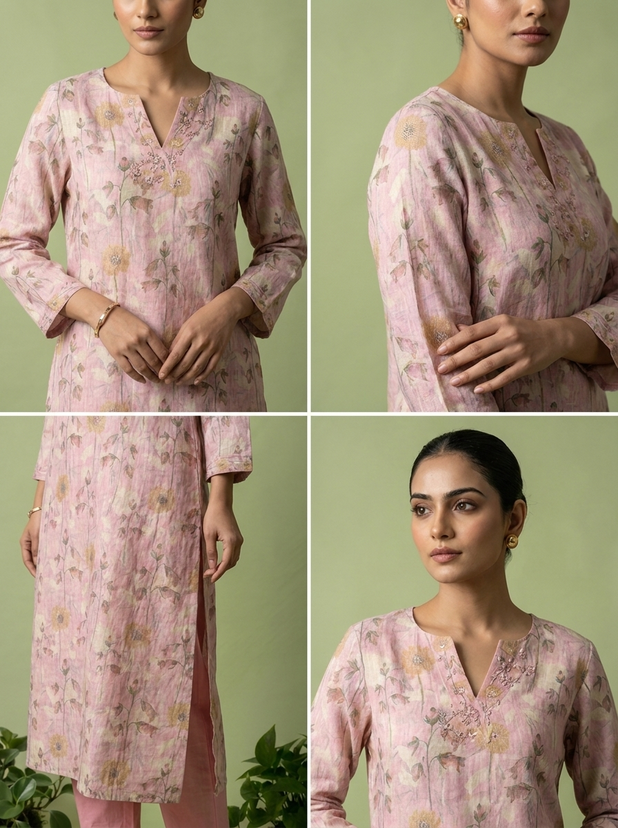 Baby Pink Linen Mirror And Patch Embroidered Two Piece Set