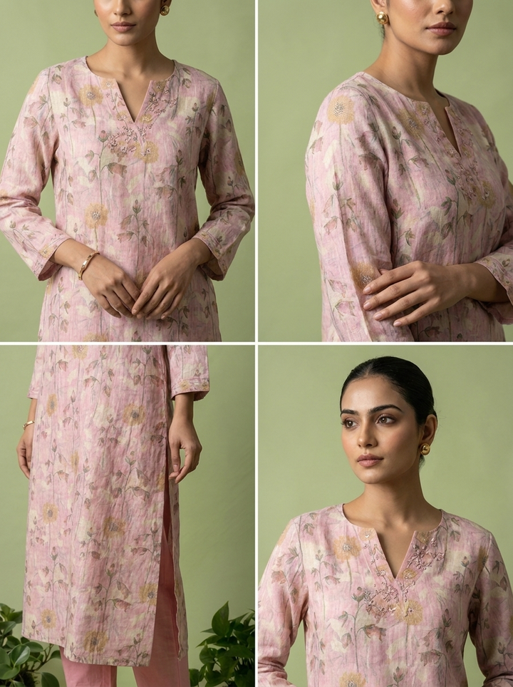 Baby Pink Linen Mirror And Patch Embroidered Two Piece Set
