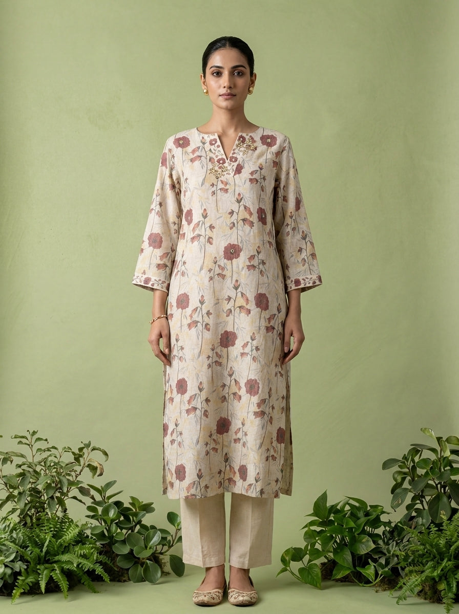 Beige Linen Mirror And Patch Embroidered Two Piece Set