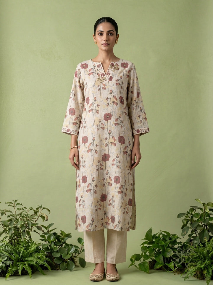 Beige Linen Mirror And Patch Embroidered Two Piece Set