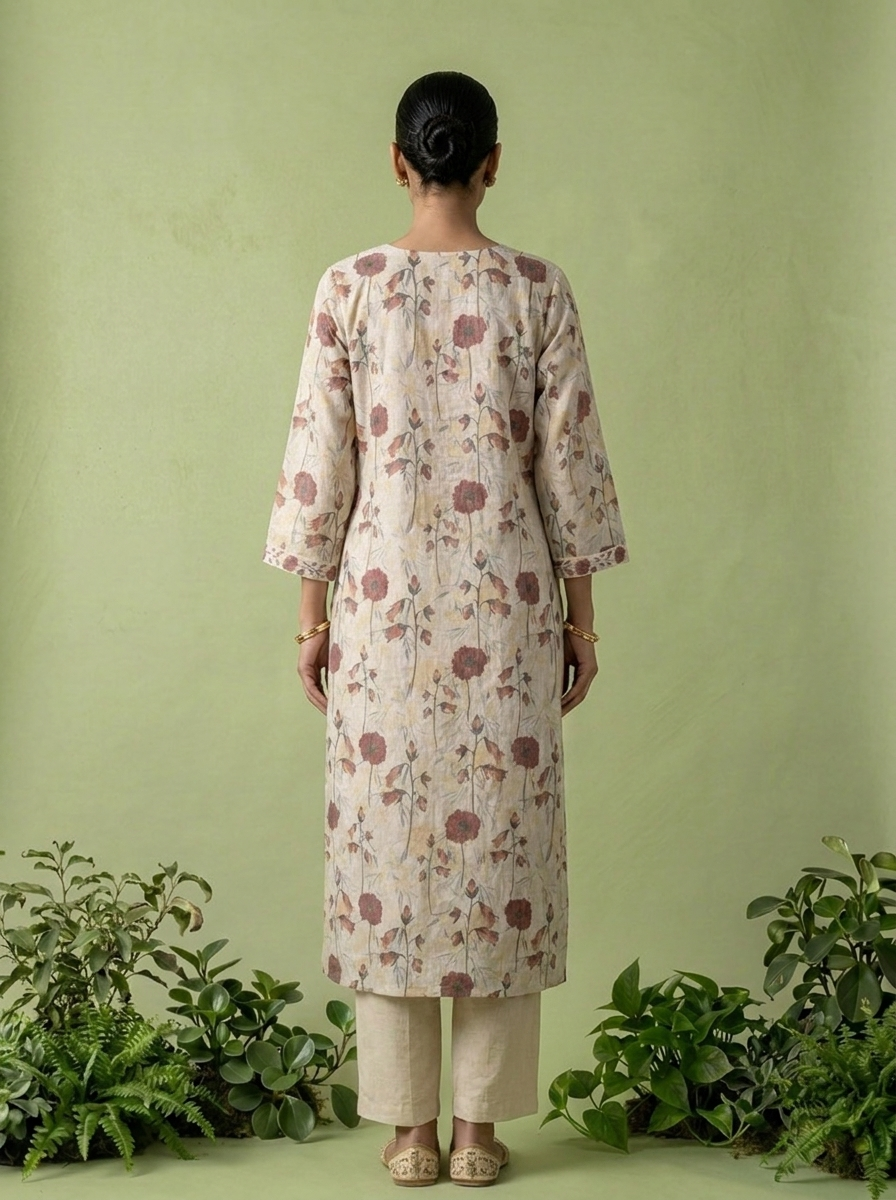 Beige Linen Mirror And Patch Embroidered Two Piece Set