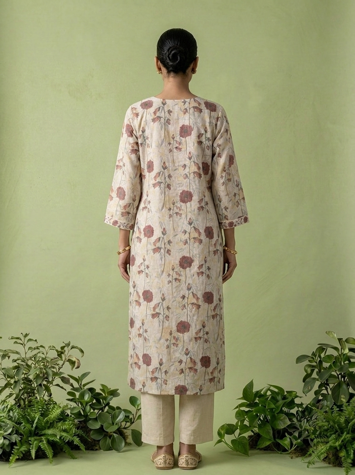 Beige Linen Mirror And Patch Embroidered Two Piece Set