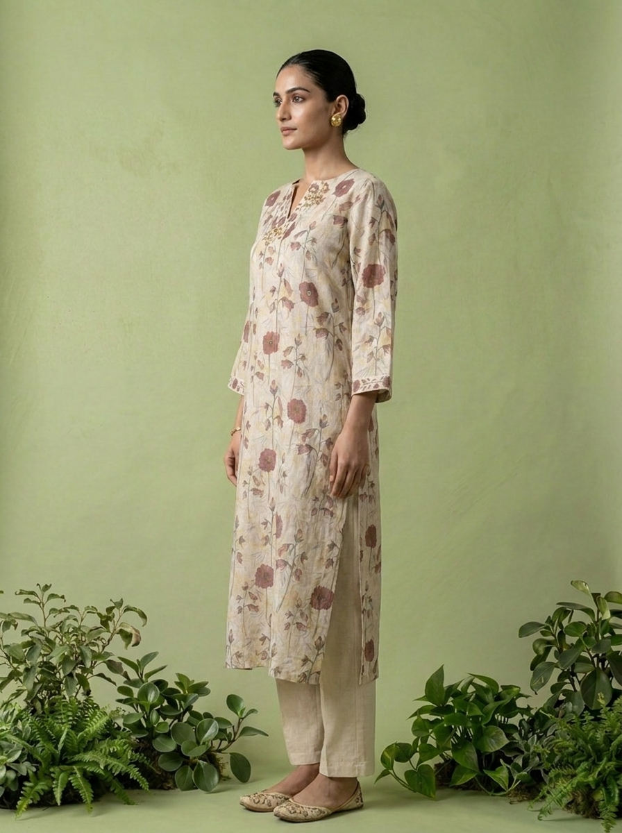 Beige Linen Mirror And Patch Embroidered Two Piece Set