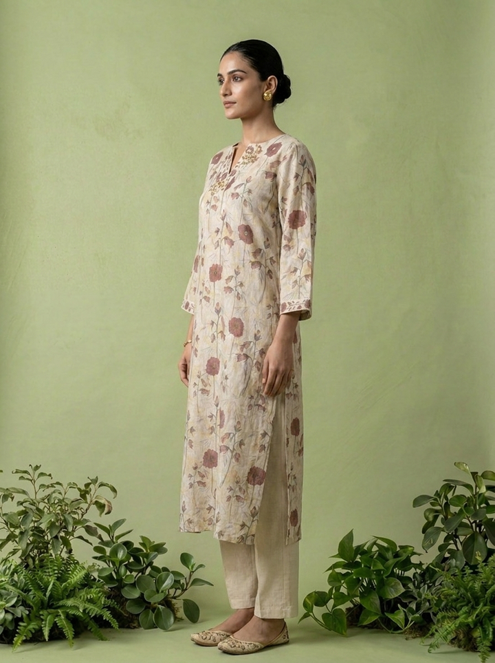 Beige Linen Mirror And Patch Embroidered Two Piece Set