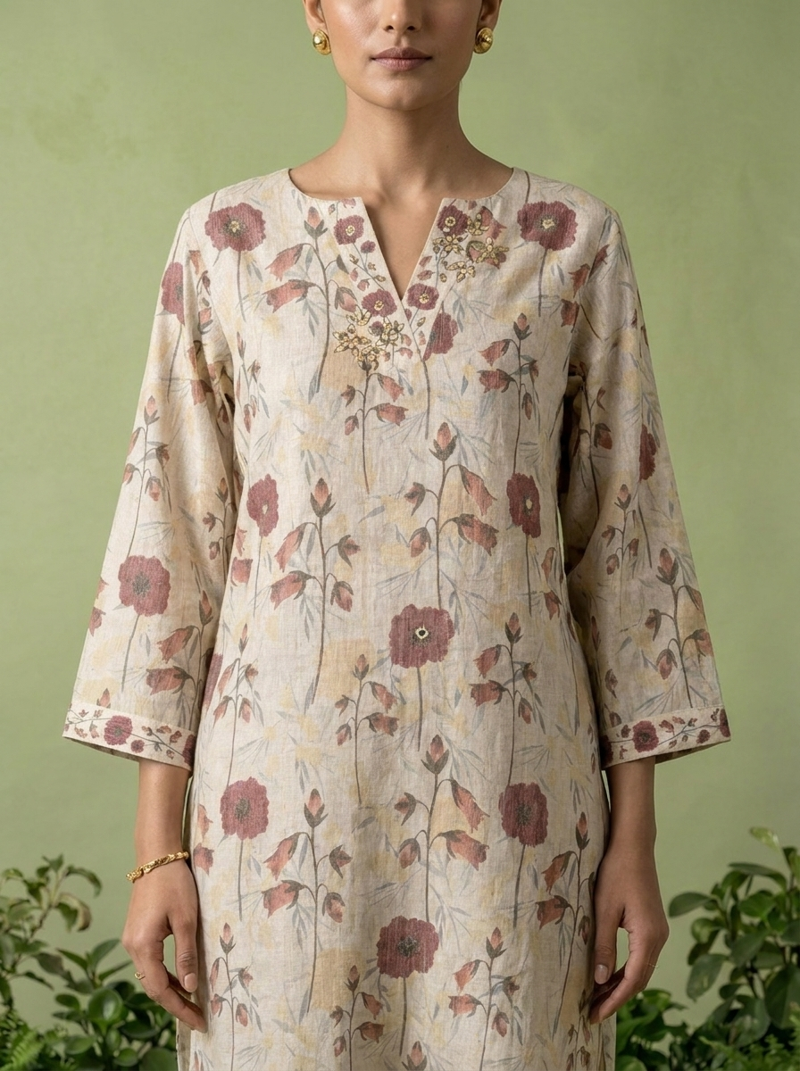 Beige Linen Mirror And Patch Embroidered Two Piece Set