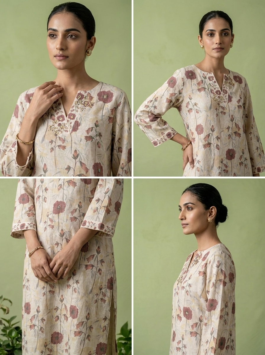Beige Linen Mirror And Patch Embroidered Two Piece Set