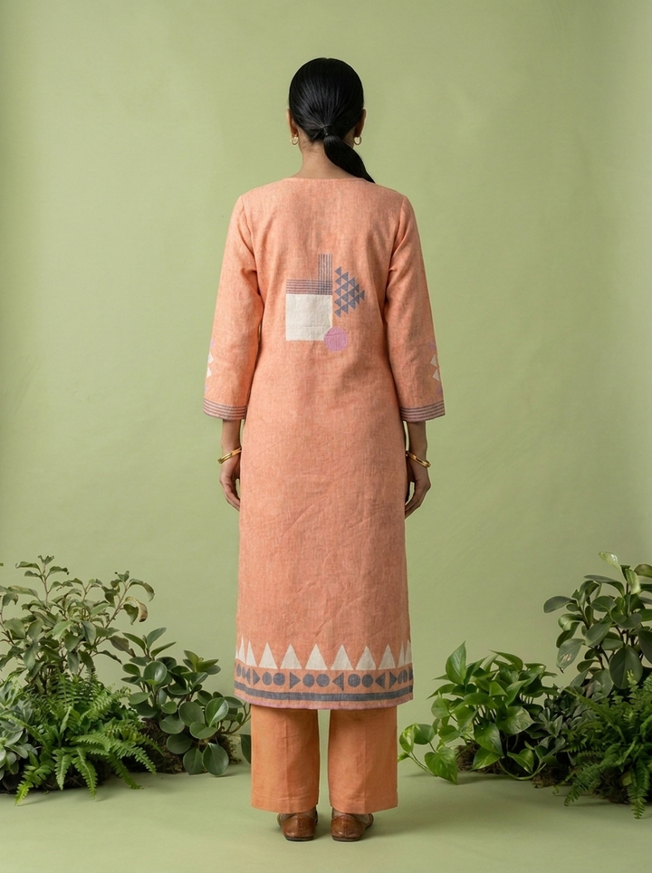 Peach Linen Hand Block Printed Two Piece Set