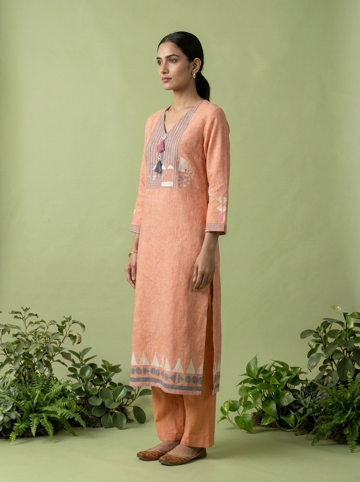 Peach Linen Hand Block Printed Two Piece Set