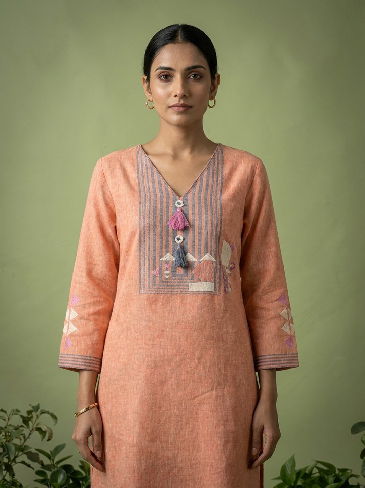 Peach Linen Hand Block Printed Two Piece Set