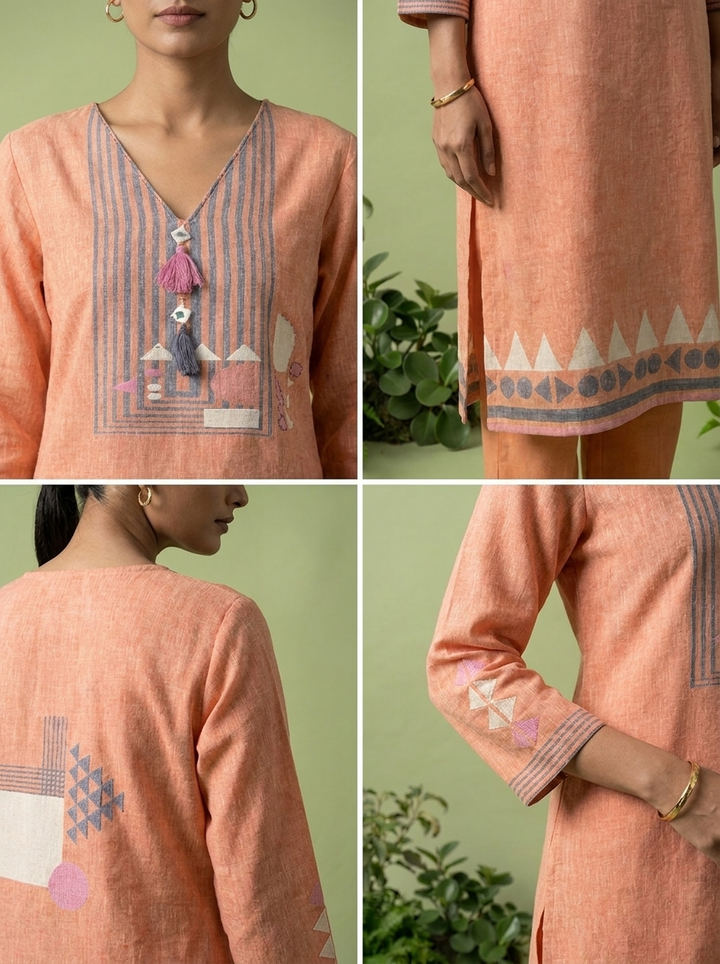 Peach Linen Hand Block Printed Two Piece Set
