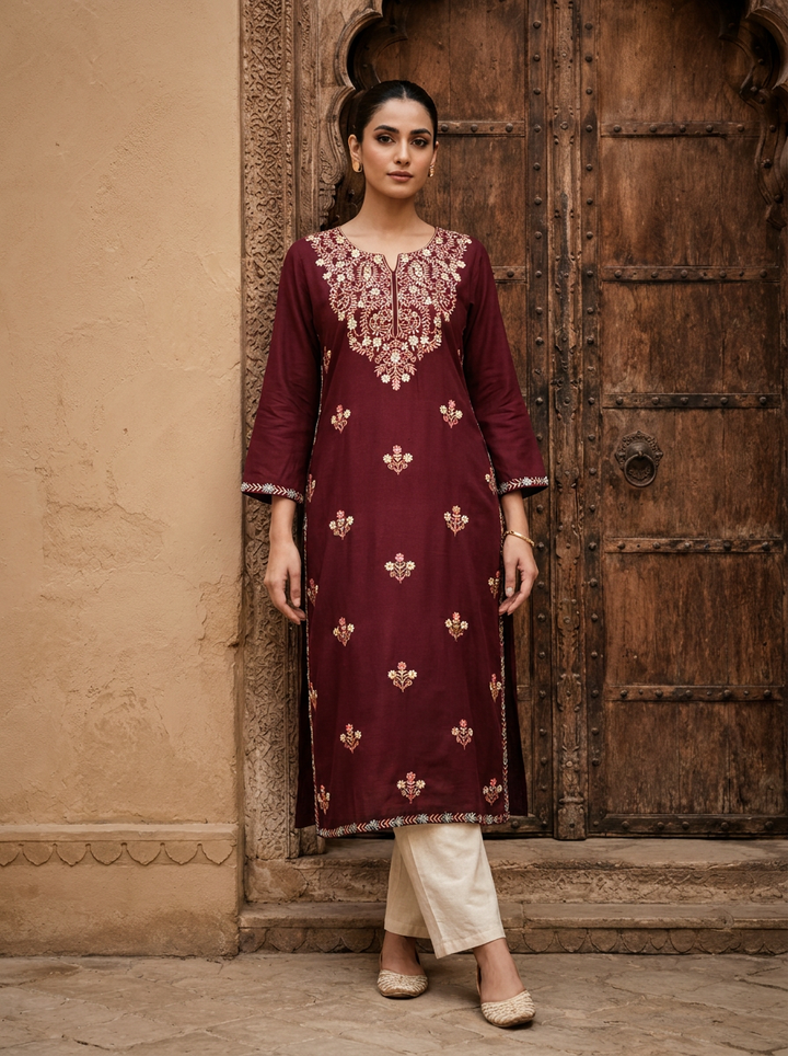 Wine Rayon Heavy Floral Thread Embroidery Kurta