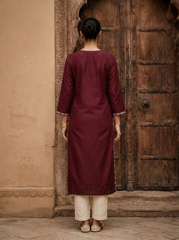 Wine Rayon Heavy Floral Thread Embroidery Kurta