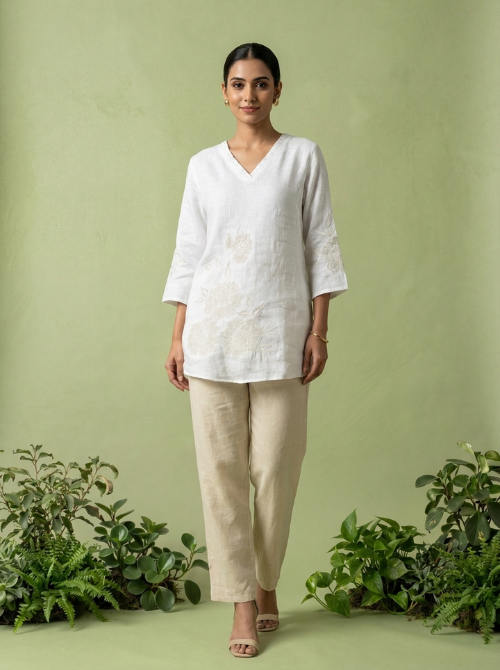 White Linen Floral Embroidery Kurti