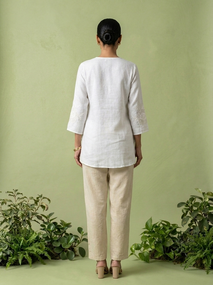 White Linen Floral Embroidery Kurti
