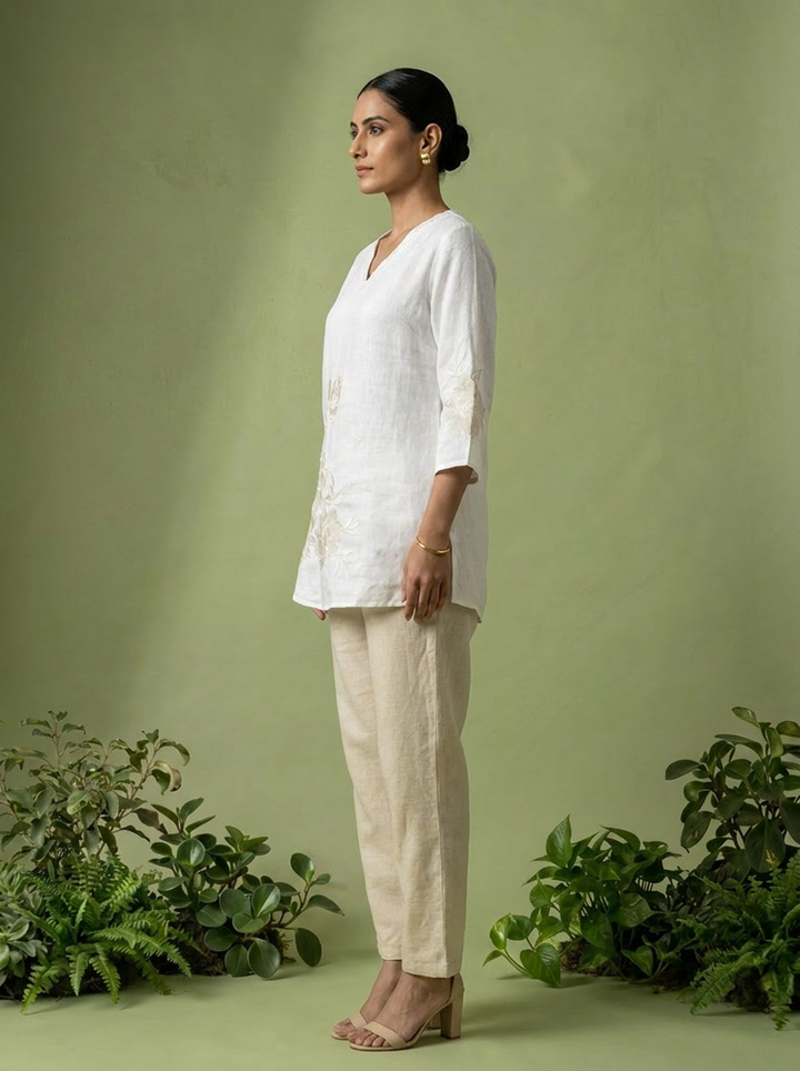 White Linen Floral Embroidery Kurti