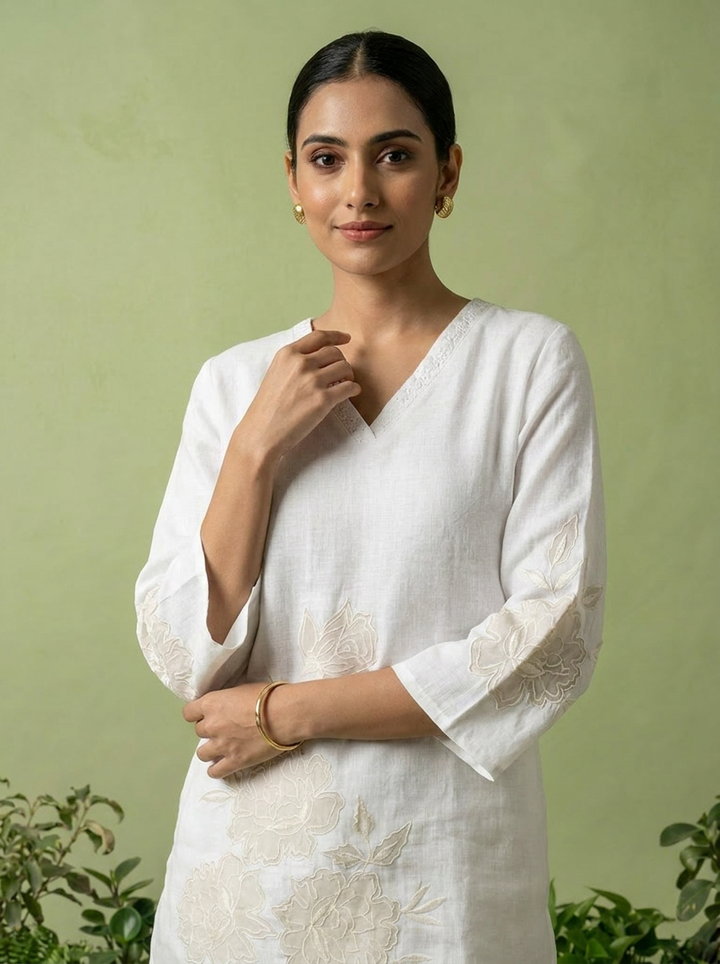 White Linen Floral Embroidery Kurti