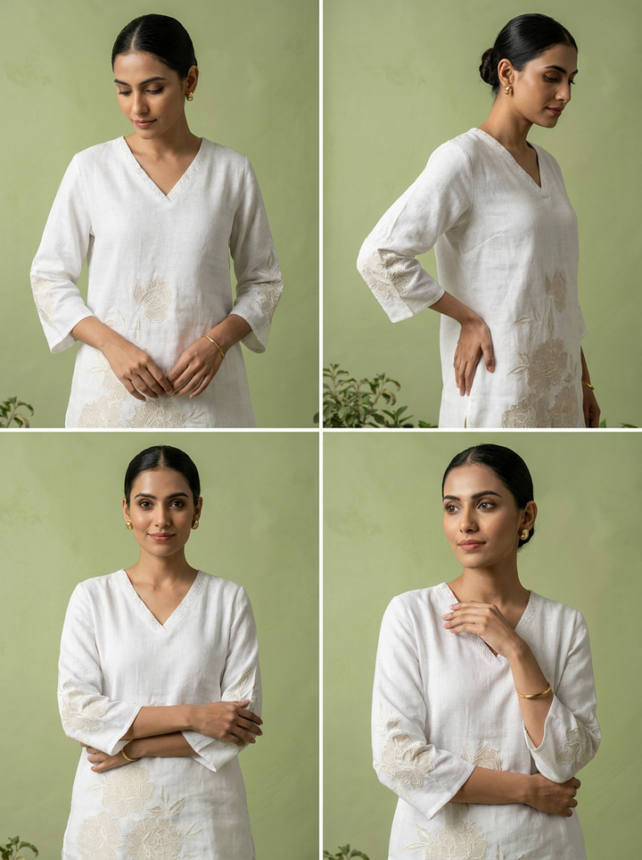 White Linen Floral Embroidery Kurti