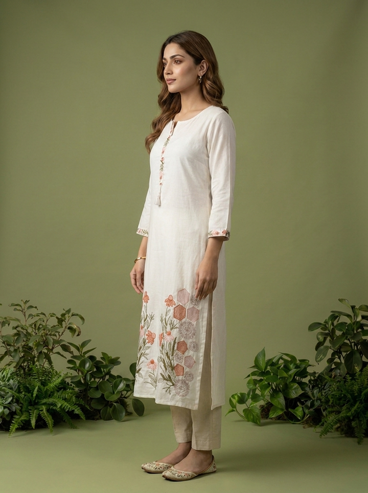 White Cotton Thread And Patch Embroidered Kurta