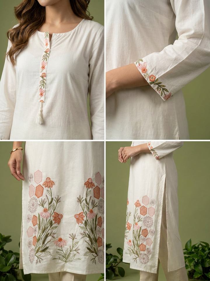 White Cotton Thread And Patch Embroidered Kurta