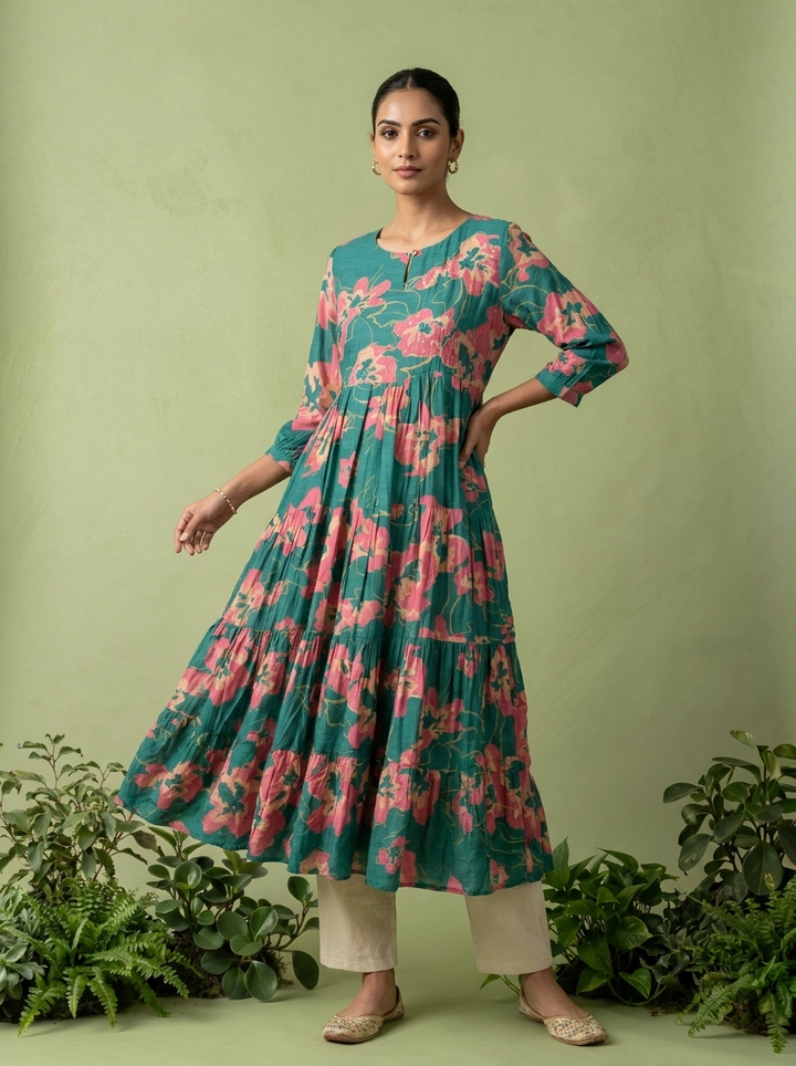 Sea Green Muslin Floral Printed Long Dress