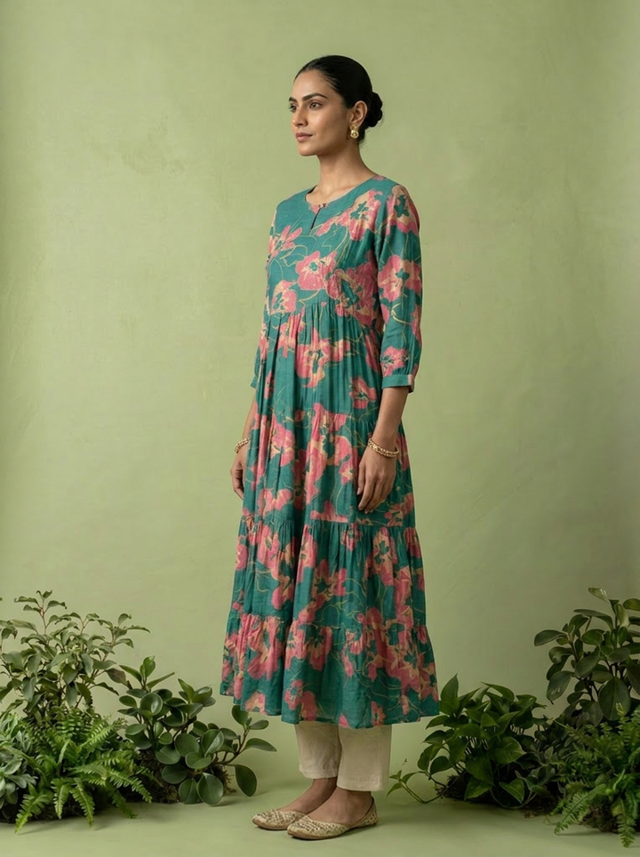 Sea Green Muslin Floral Printed Long Dress