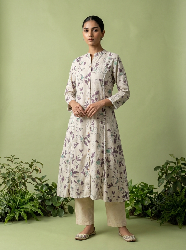 Off White And Purple Linen Printed Two Piece Set