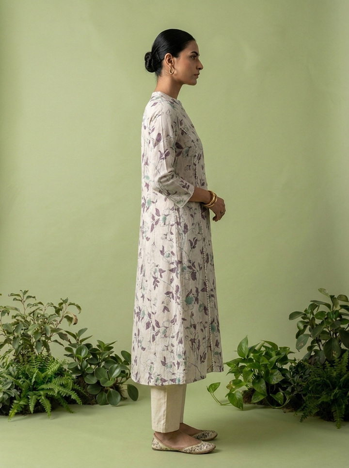 Off White And Purple Linen Printed Two Piece Set