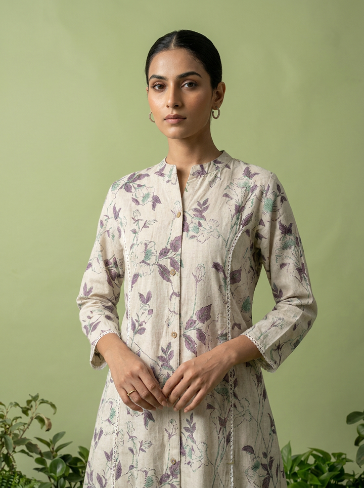 Off White And Purple Linen Printed Two Piece Set